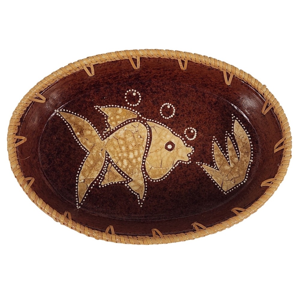 VTG Terracotta‎ Fish Bowl with Woven Rattan Trim Boho Decor Handmade 5.5" X 7.5"